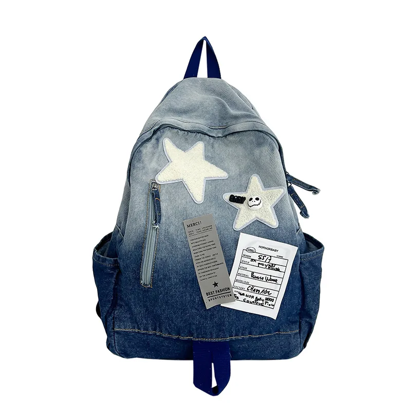 Vintage Trend Denim Shoulders Backpack Gradient Color Tie-dye Stars Backpack Teen Students Large Capacity Casual Jeans Schoolbag