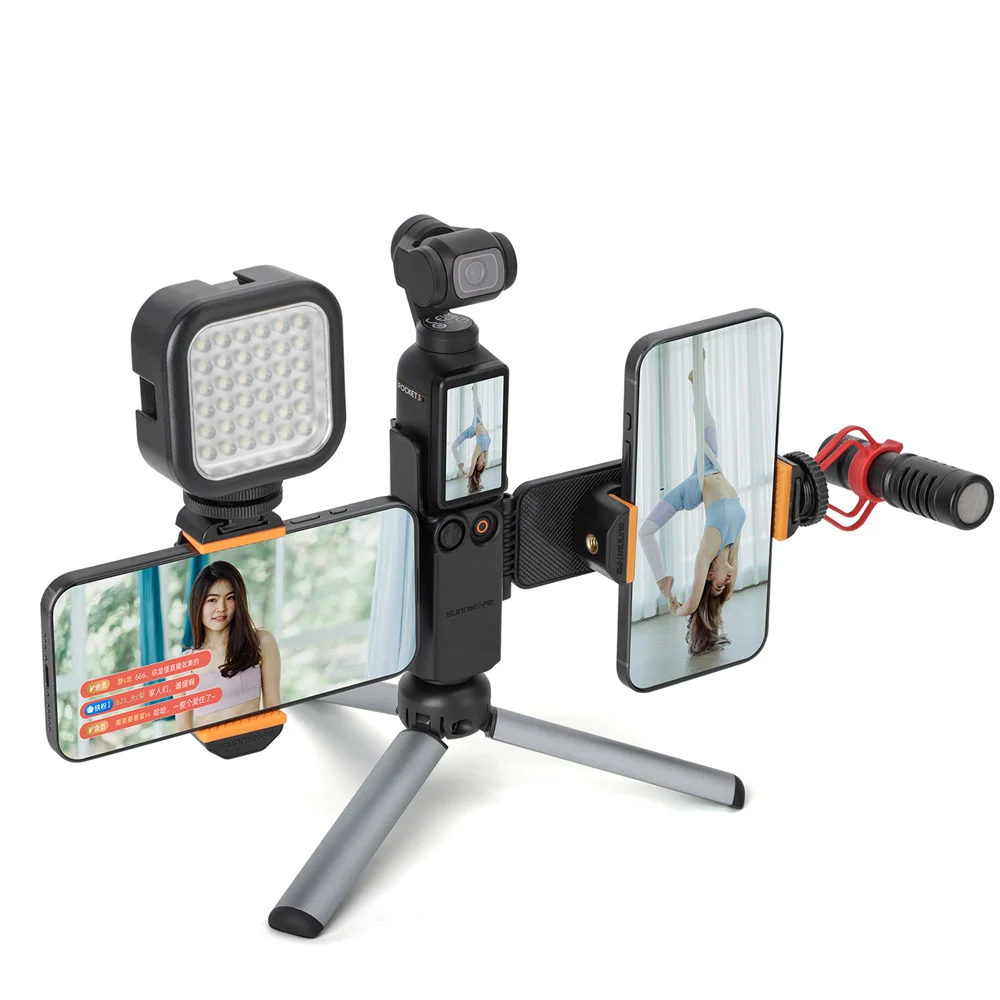 For DJI Osmo Pocket 3 Foldable Dual Phone Holder Storage Base Smartphone Display Mount Fixed Stand Bracket Shoe Holder Led-light