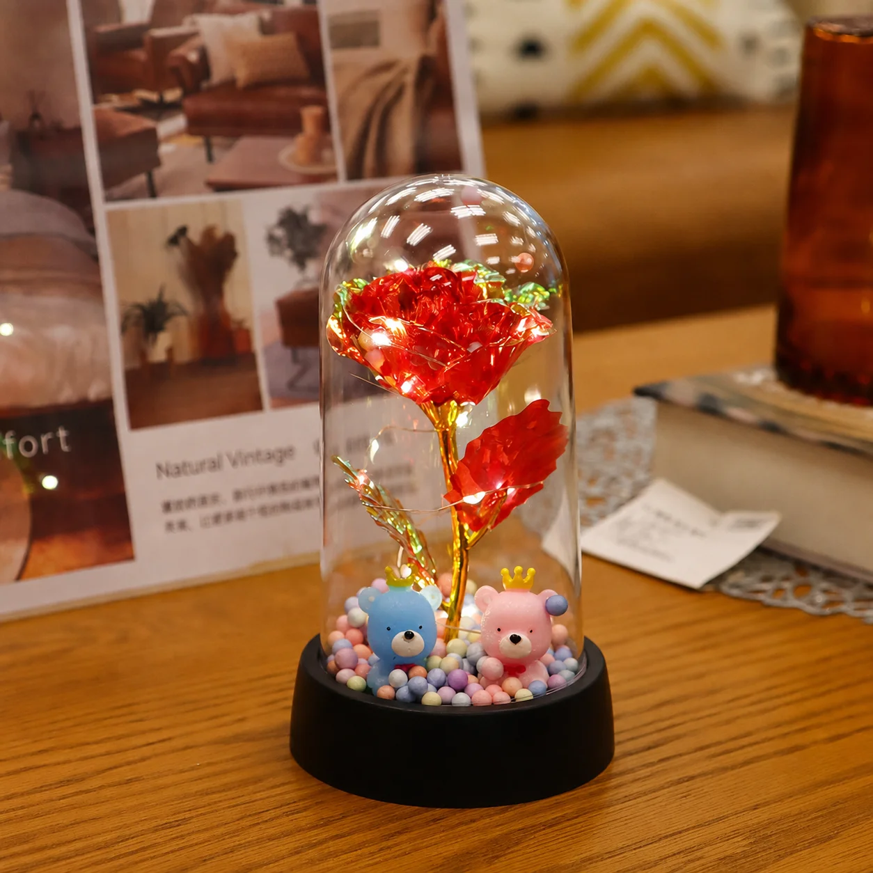 Führte Valentinstag Geschenk für Freundin ewige Rose Licht 24 Karat Goldfolie Blume in Glas abdeckung Muttertag Hochzeit Brautjungfer Geschenk