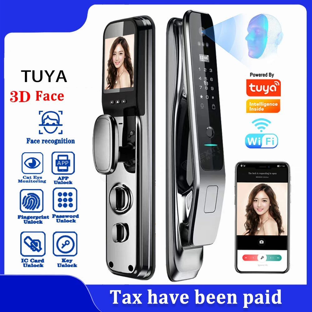 Fingerprint Smart Door Lock With 3D HD Camera Tuya App Control WIFI Face Recognition Keyless Entry For Home and Office Hotel