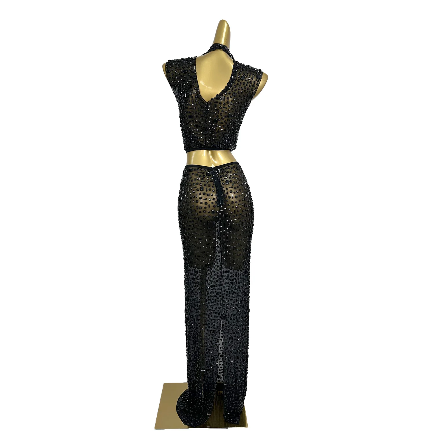 Gesebei-Diamantes pretos brilhantes de duas peças Colheita Top e Saia Longa Set, Sexy Celebrar Vestido de Baile, Vestido de Aniversário, Photo Shoot Wear