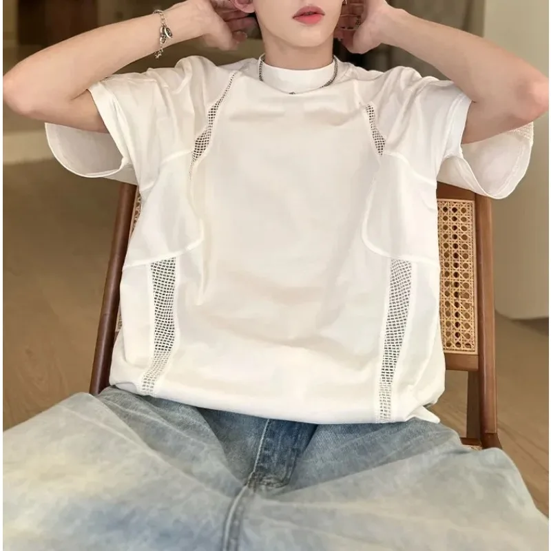 Men White Mesh Patchwork Shoulder Pad T Shirt Summer Trendy Short Sleeve Niche Design Sense Casual Top