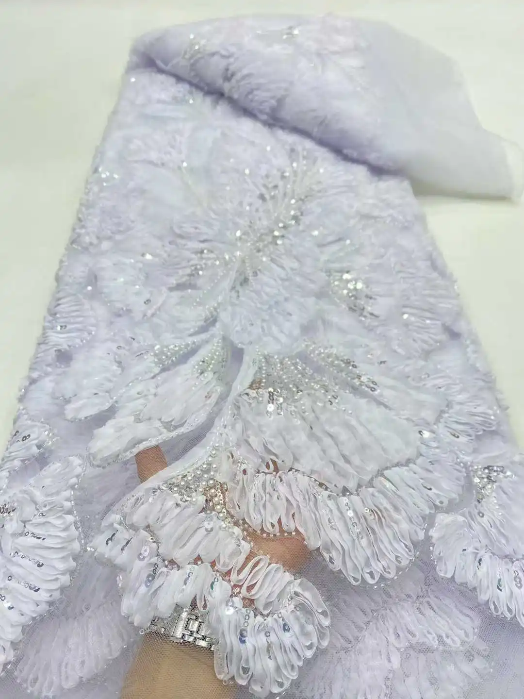 

2026 Luxury African Heavy Beads Lace Fabric High Quality 5 Yards Nigerian Sequins French Tulle Fabric Material For Wedding Party