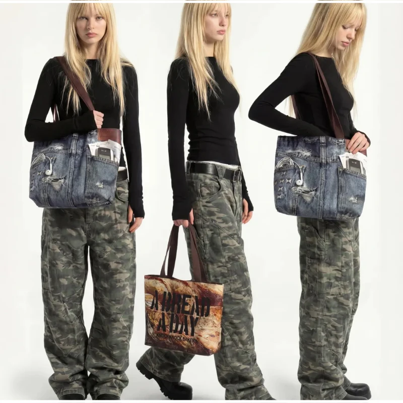 Reversible PVC-Schultertasche mit beidseitigem Druck, Retro-Denim-Print, wasserdichte Einkaufstasche mit großer Kapazität, leichte Einkaufstasche – Detail 1