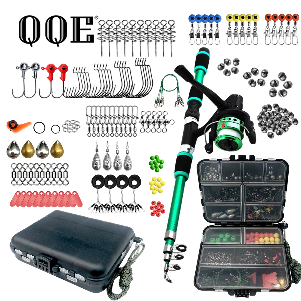 QQE 187Pcs New 1.8Meters Portable Fishing Combo Telescopic Rod Mixed Lures & Hooks Accessories for Fresh & Salt Water Fishing