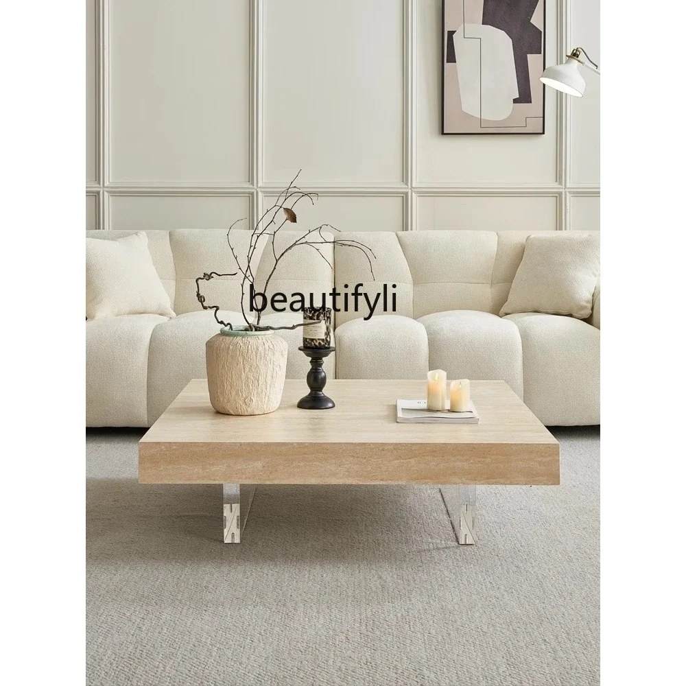 

Travertine rock slab coffee table small apartment acrylic suspension living room minimalist cream style tea table5236