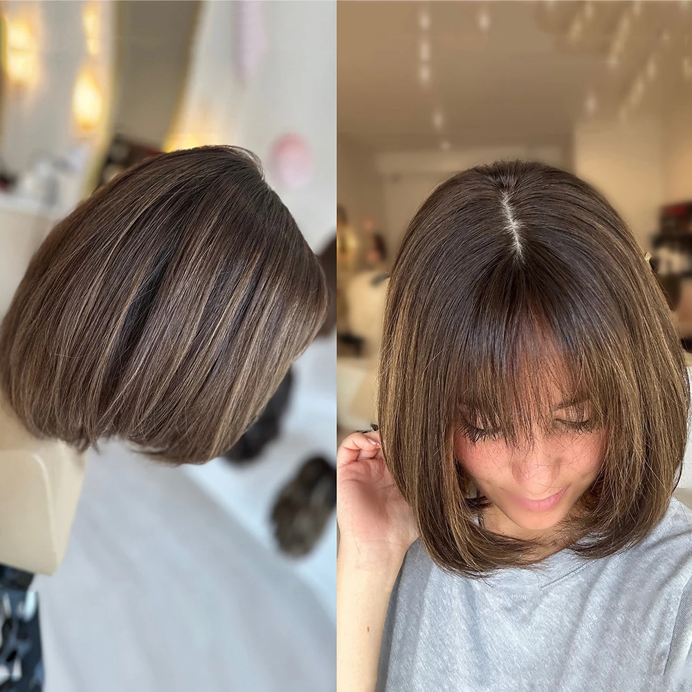 

Short Bob Human Hair Wigs With Bangs Brown With Blonde Highlights 100% Human Hair Glueless Lace Front Wigs For Women 10" 150%