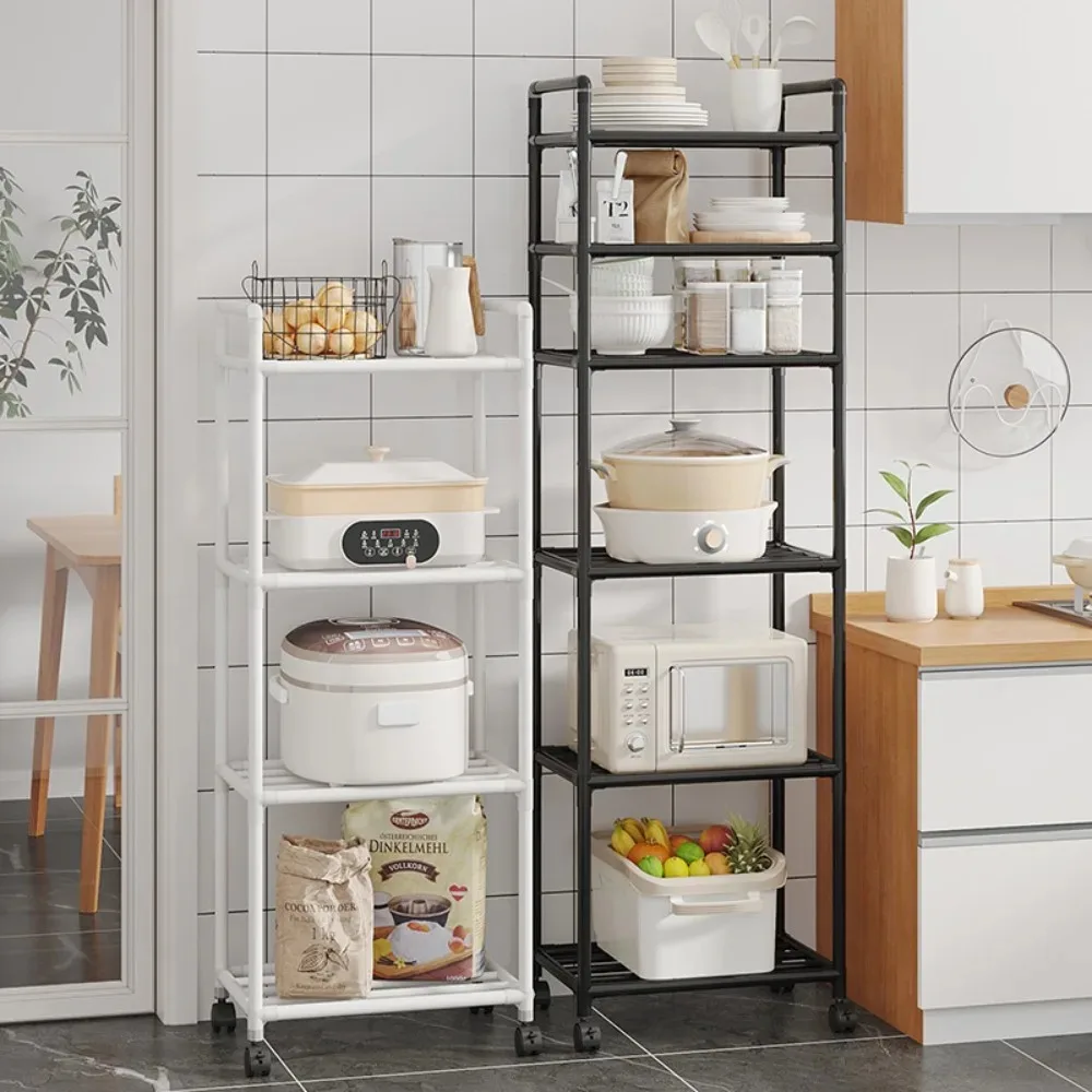 Floor Standing Kitchen Storage Rack Without Punching Holes Movable Multi-Layer Microwave Rack Multi Functional Household Shelves