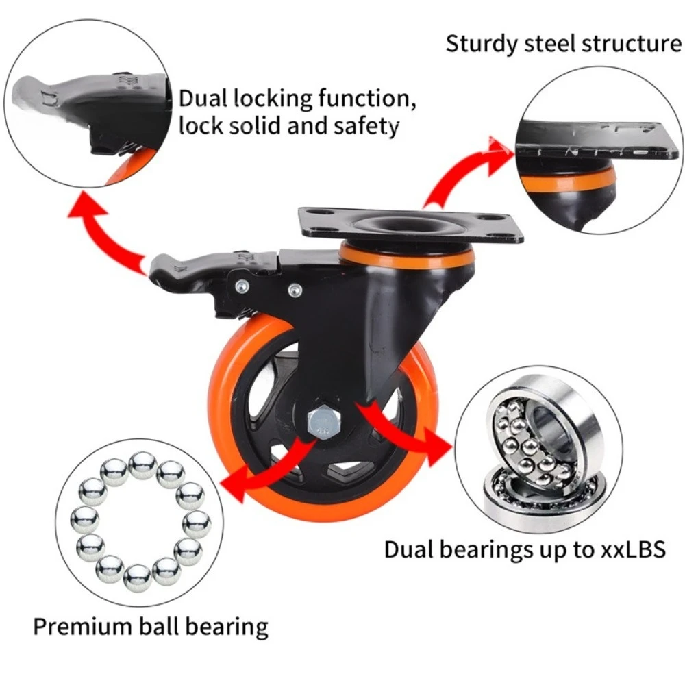 3-5in PVC Furniture Caster Wheels Swivel Plate Casters with Security A/B Lock Non-Marking for Cart Workbench