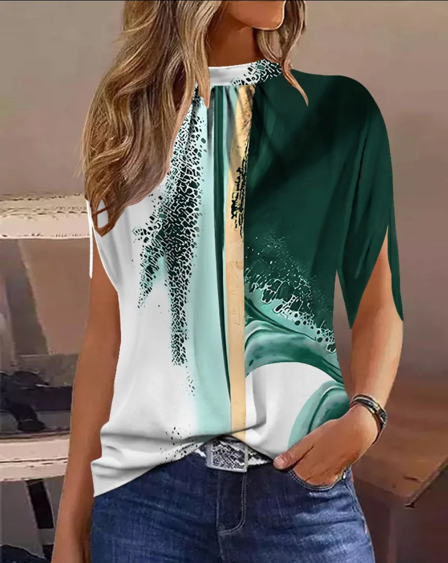 Gradient Print Mock Neck Blouse with Short Batwing Sleeves and Casual Loose Fit for Women