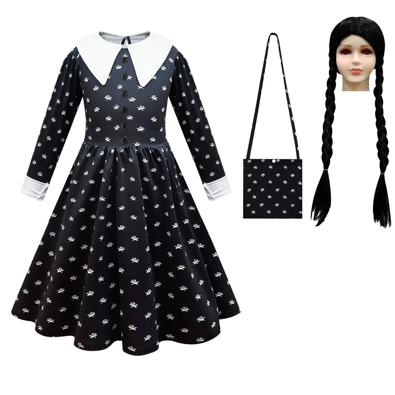 Kids Girls Movie Wednesday Addams Black Dress Bag Wig Set Outfit Children Princess Christmas Halloween Cosplay Costume