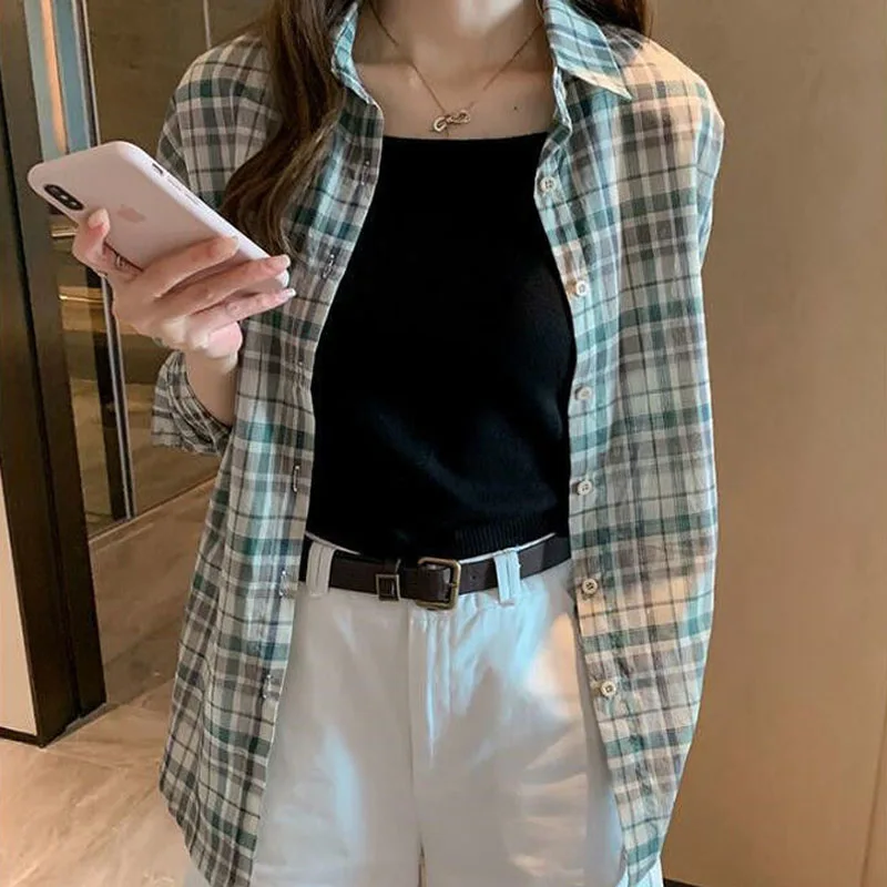 Women\'s New Casual Vintage Plaid Shirt Fashion Korean Long Sleeve Button Cardigan Turn-down Collar Thin Blouse Female Clothing