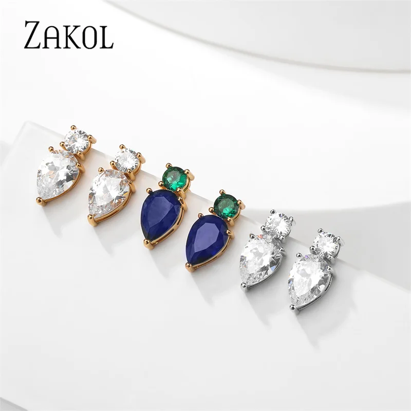 ZAKOL Fashion Mutilcolor Water Drop Zircon Stud Earrings for Women Blue Green Cubic Zirconia Earring Wedding Party Jewelry