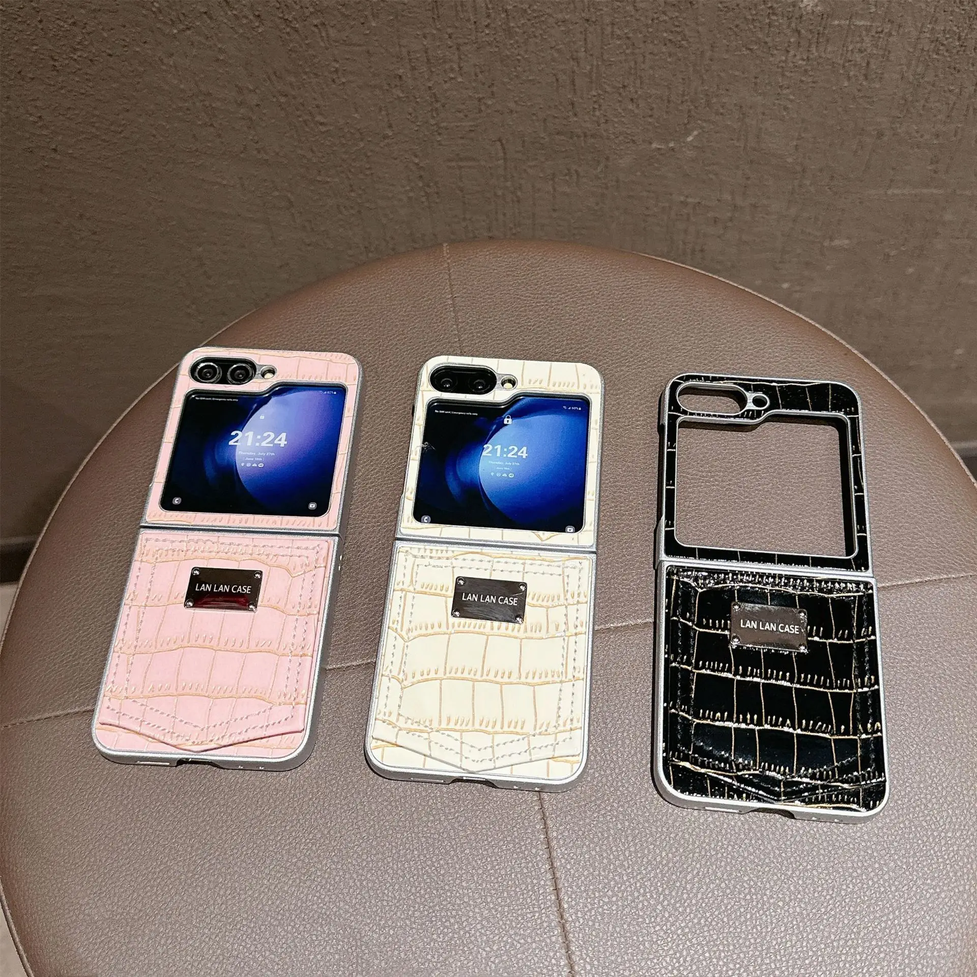 

PU Leather Pink White Black Phone Case For Samsung Galaxy Z Flip 7 6 5 4 Protective Back Cover For ZFlip5 ZFlip6 ZFlip7 Case