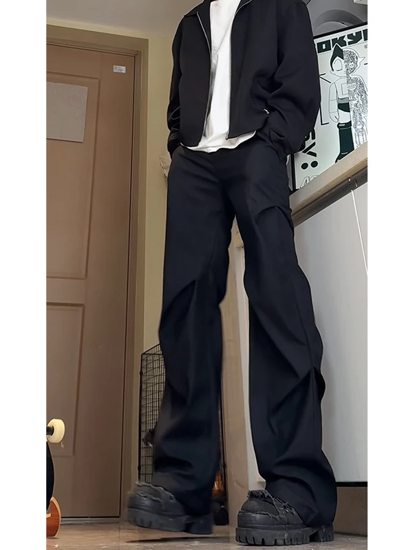 

Bla Pleated Design Men's Summer Thin Wide Leg Suit Pants Loose Straight Casual Trousers Cool Sle Long Pants for Youth