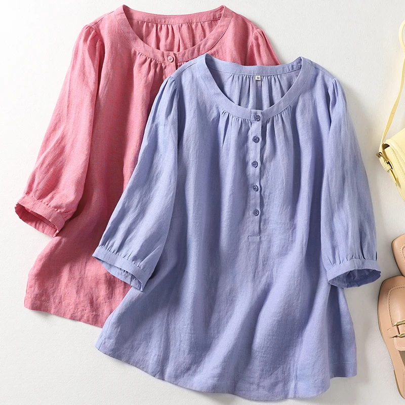 

Basic Solid O-neck Half Sleeve Pink Blue Cotton Linen Shirts Blouses Vintage Button Trim T-shirts Casual Loose Women Summer Tops