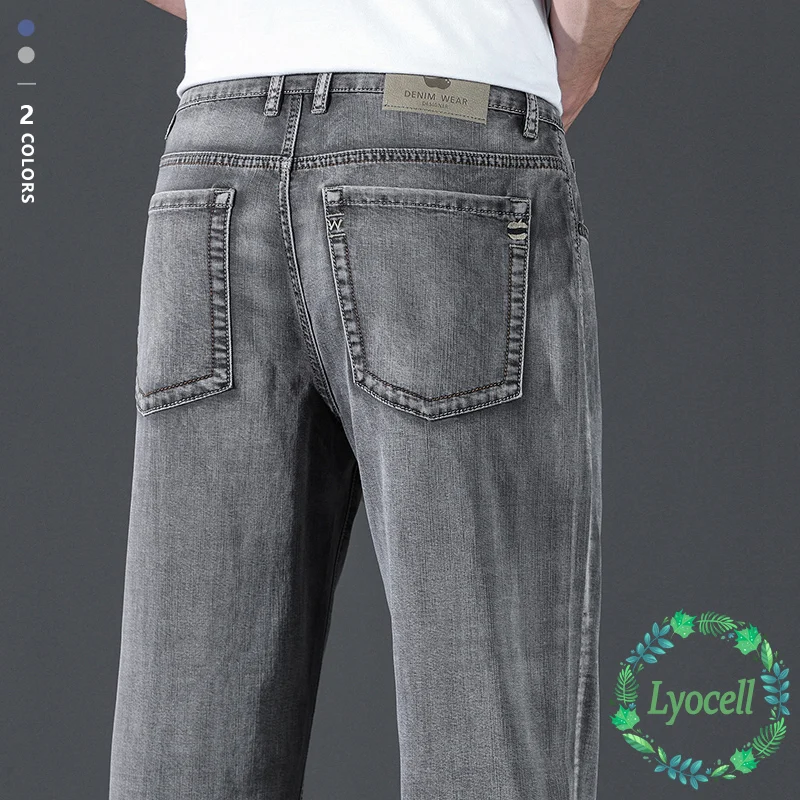 

Высококачественные мужские летние джинсы из лиоцелла в винтажном стиле, с высокой талией, свободного прямого кроя, эластичные, тонкие, повседневные брюки для бизнеса