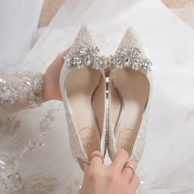 Silver Wedding Shoes Spring Summer High Heels Women's Thin Heel Engagement Crystal Shoes Fashionable Elegant Style Glittering