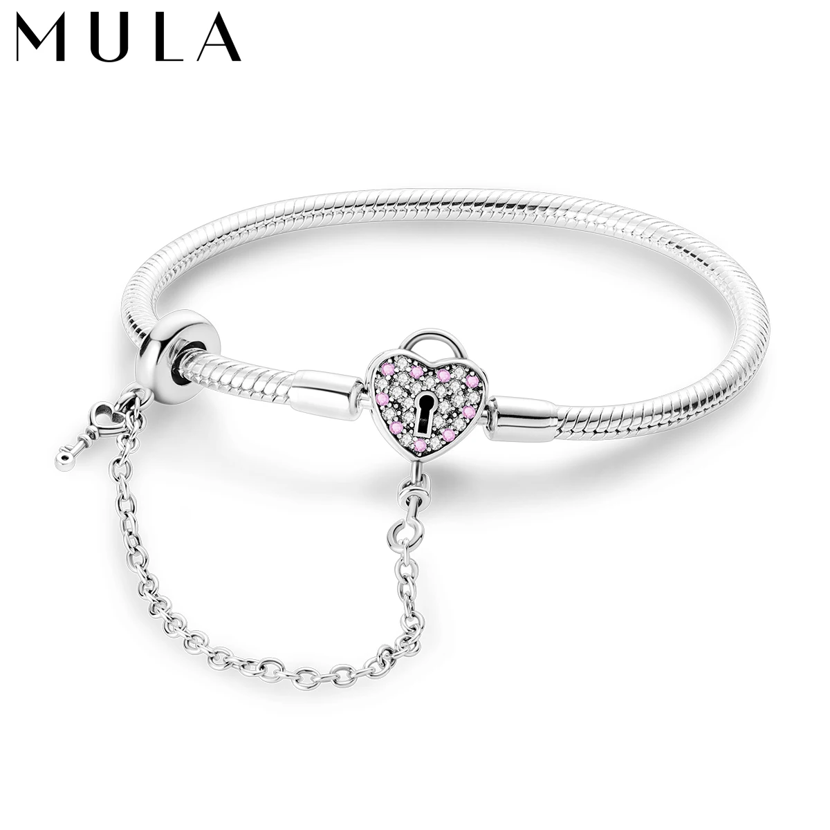 MULA 1PC Key and Heart -Shape Lock Safetychain Clasp Snake Chain Silver Plated Charm Bracelet Fit Charms Bead DIY Jewelry Gift