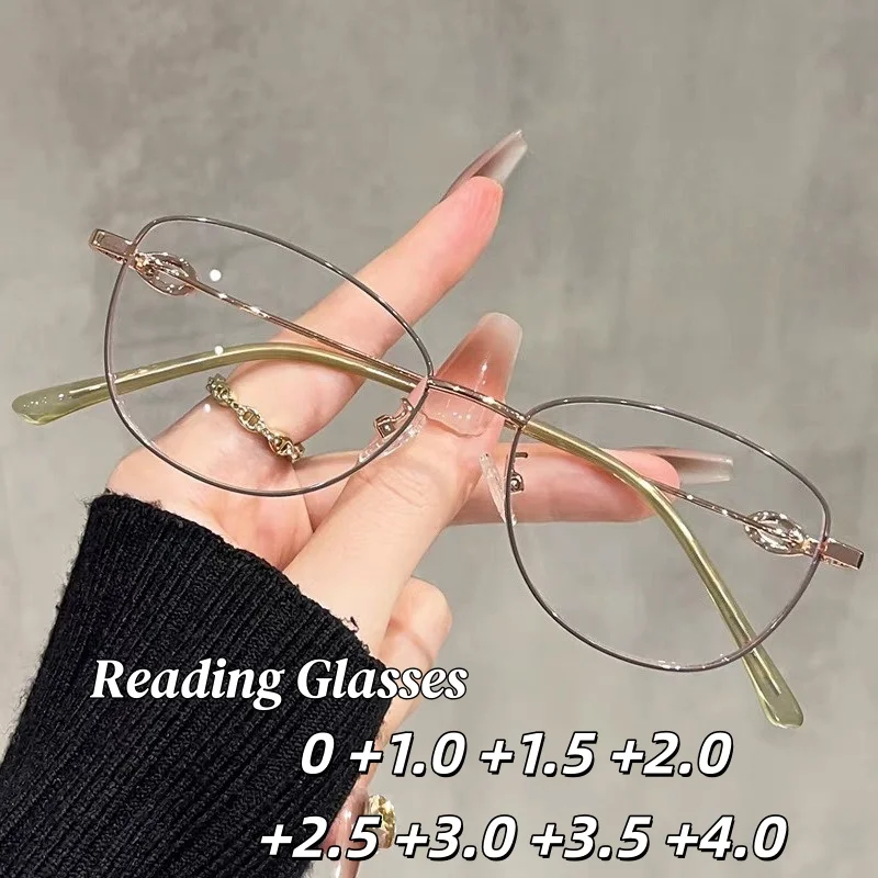 Elegant Ladies Cat Eye Reading Glasses Anti Blue Light Metal Frame HD Lens Presbyopia Eyewear Delicate Temple Design 0 To +400