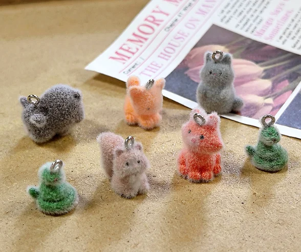 10pcs fluffy flocking cute resin 3D Animal cartoon Keychain Charms Pendants For DIY Earring Necklace Jewelry Making ﻿