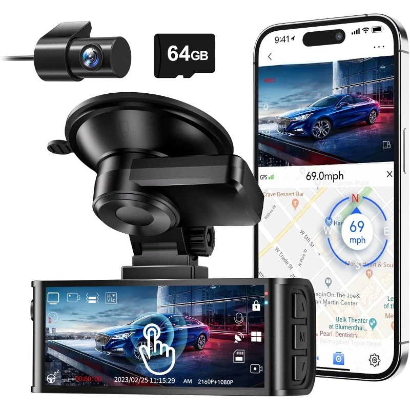 4K Dash Cam Front and Rear, Touch Screen 3.18 Inch, 64GB Card Included, Car Dash Camera Built-in WiFi GPS, UHD 2160P Night