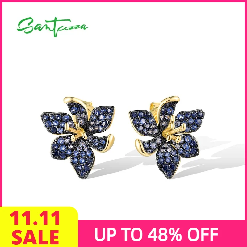 

SANTUZZA Pure 925 Sterling Silver Earrings For Women Sparkling Blue Spinel Created Sapphire Gorgeous Flower Party Fine Jewelry