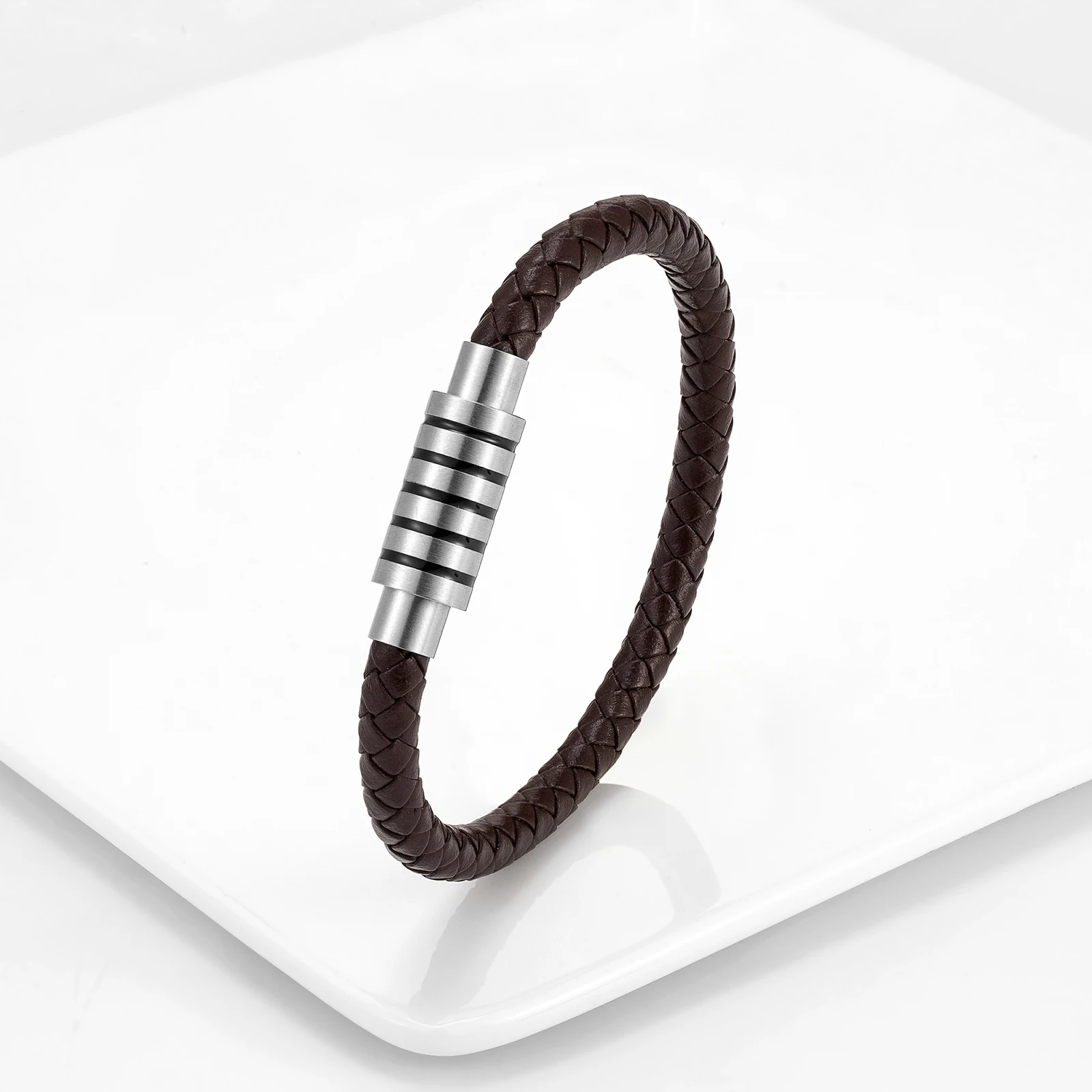 Europe and America Hot Selling Simple Style Threaded Stainless Steel Men's Bracelet 6mm Multicolor Leather Strap Casual Bracelet