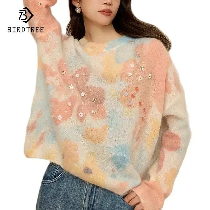 Birdtree, Mohair Sheep Wool, Pullovers for Woman, Dropped Sleeved Sequins Sweaters, 2024 Autumn Winter New Loose Top T49410QM