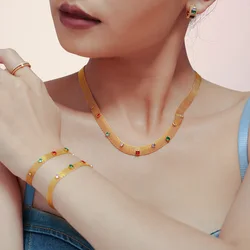 Fashion 316L Stainless Steel Wide Flat Chain Necklace Bracelet For Women Luxury Multi-Color Cubic Zirconia Jewelry Set Gift