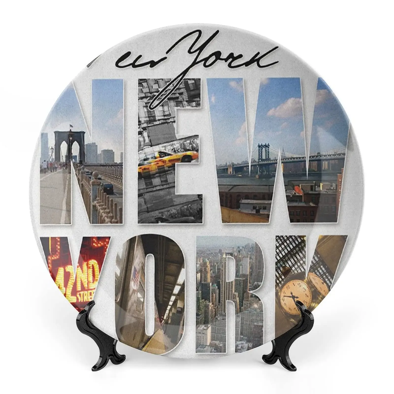 New York At Night with Brooklyn Bridge Skyscrapers, Decor Ceramic Plates, City Print Ornament, Kitchen Wall Decor, Multicolor