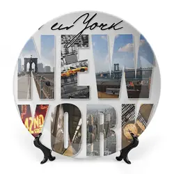 New York At Night with Brooklyn Bridge Skyscrapers, Decor Ceramic Plates, City Print Ornament, Kitchen Wall Decor, Multicolor
