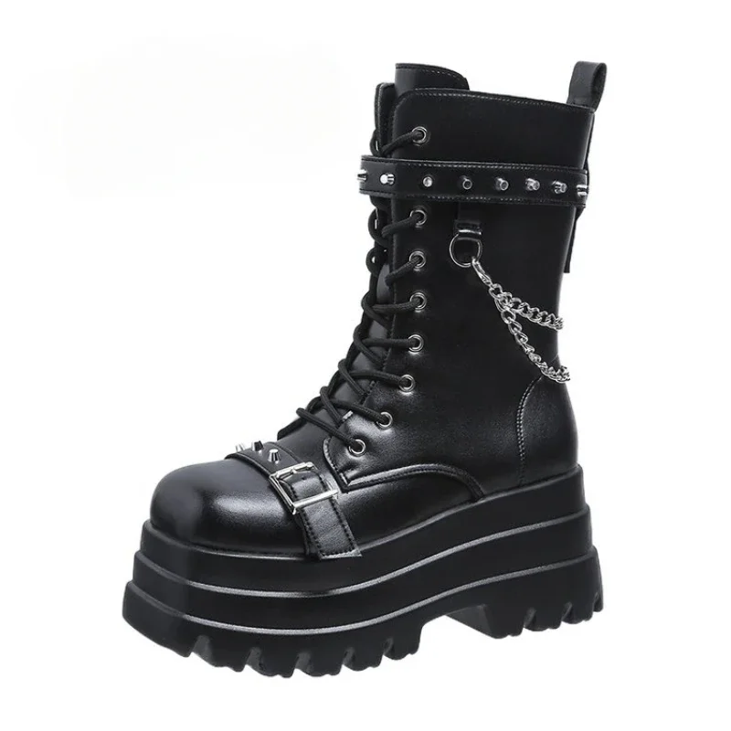 Platforma grube gotyckie buty damskie klamry jesienne buty damskie kliny buty do kolan Punk Street Cosplay Botas łańcuch motocyklowy