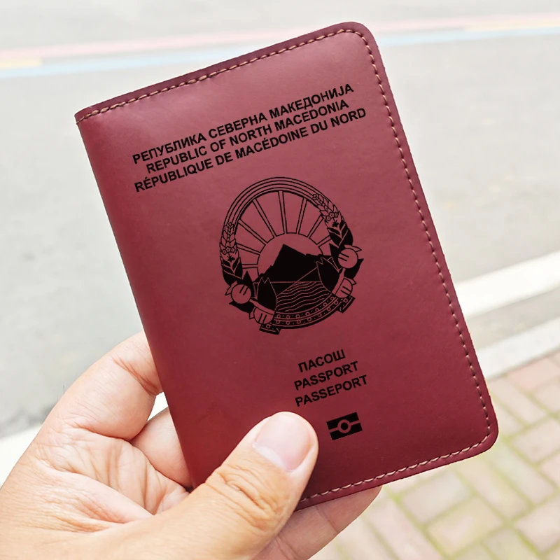 Funda para pasaporte Vintage hecha a mano de Macedonia del Norte, tarjetero de cuero genuino de la República de Macedonia del Norte, nombre personalizado