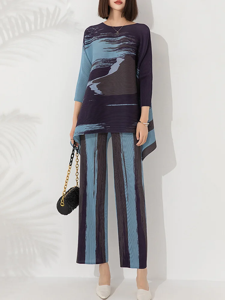 

Miyke printed fashion casual suit women's new round neck pullover top high waist straight leg wide leg pants [20240644]