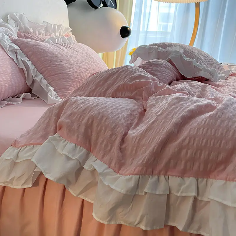 Spring New Fashion Korean Bubble Princess Style Three-piece Bedding Quilt Cover Sheet Dormitory Three-piece Set Boutique