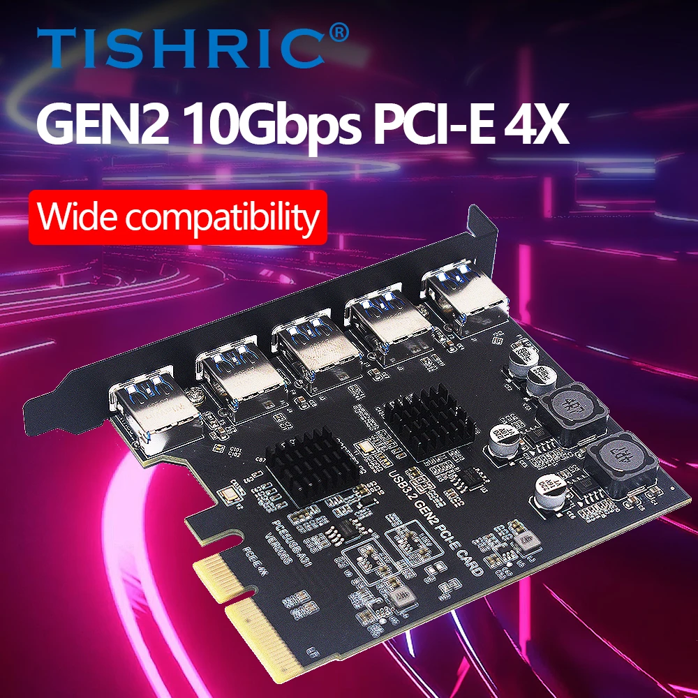 

TISHRIC PCIE 4X to 5 Ports Expansion Card USB3.2 Gen2 10GBPS Full Speed Adapter Card AMS3142 Chip Only for Windows Desktop PC