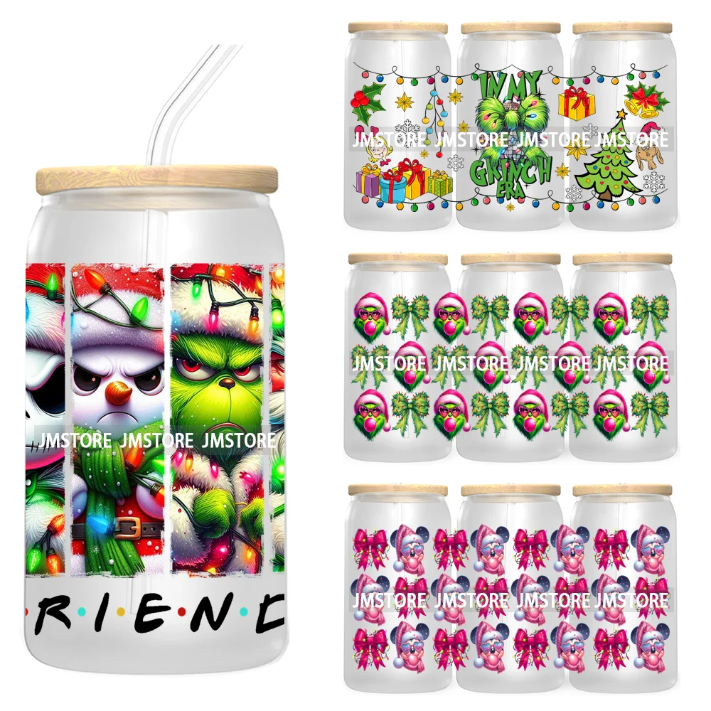 

Green Guy Christmas Coquette Bow 16OZ UV DTF Cup Wrap Waterproof Transfer Stickers For Libbey Glass Can Christmas Movie Friends