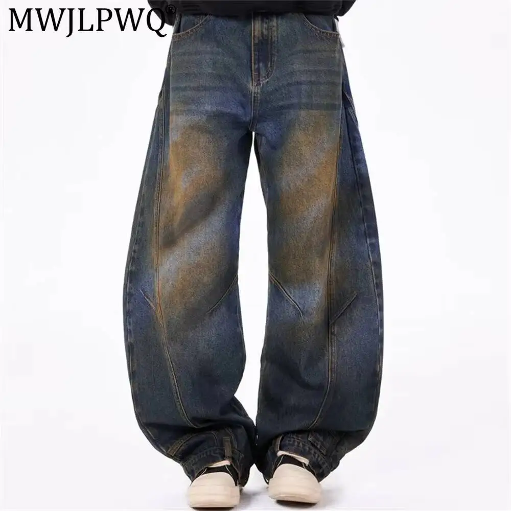 MWJLPWQ Worn-Out Distressed Curved Cut Jeans For Men Trendy Deconstructed Design Wear Autumn New Unique Wide-Leg Trousers 20220