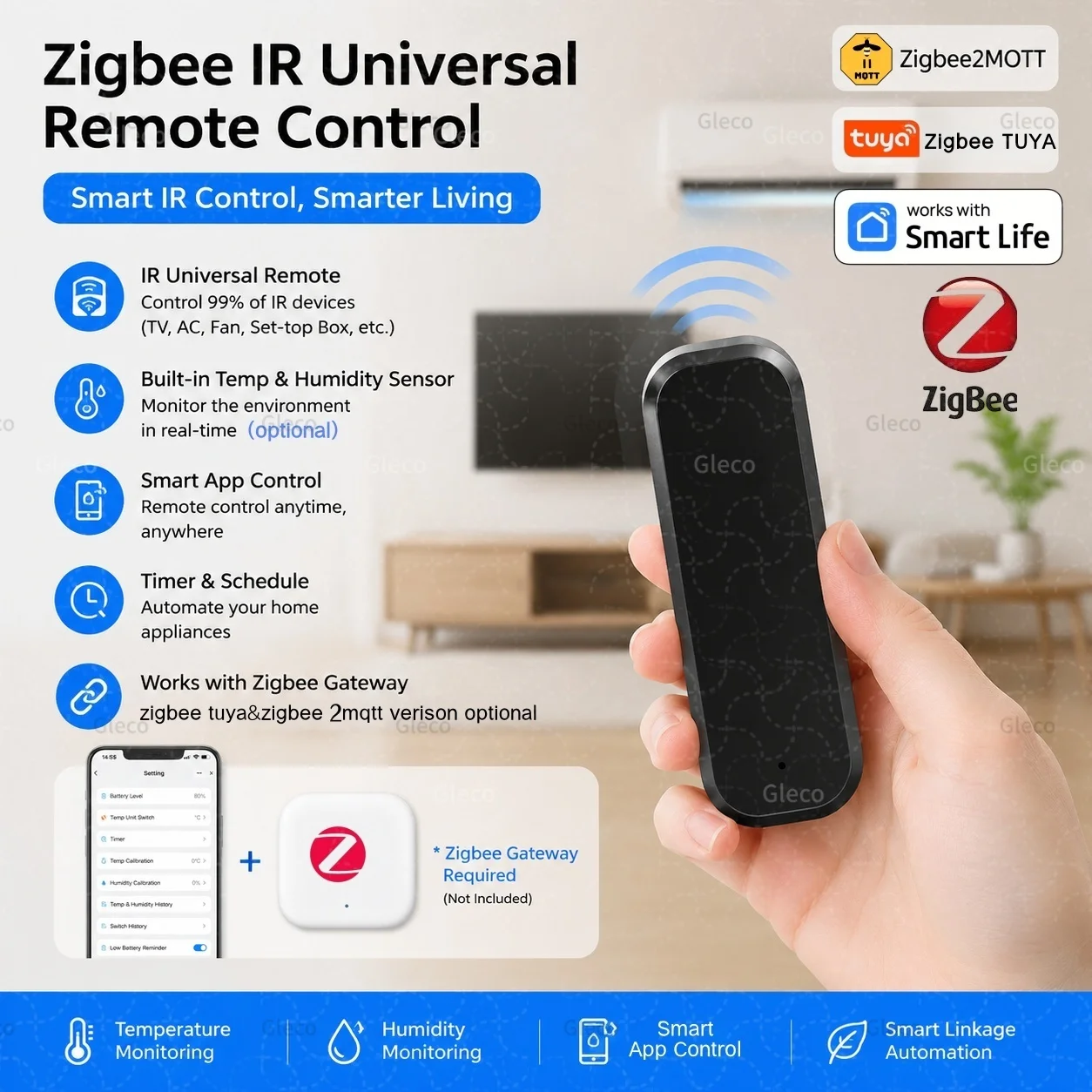 Control remoto por infrarrojos Zigbee, controlador universal por infrarrojos con Sensor de temperatura y humedad para TUYA Smart Life Zigbee2mqtt Gateway