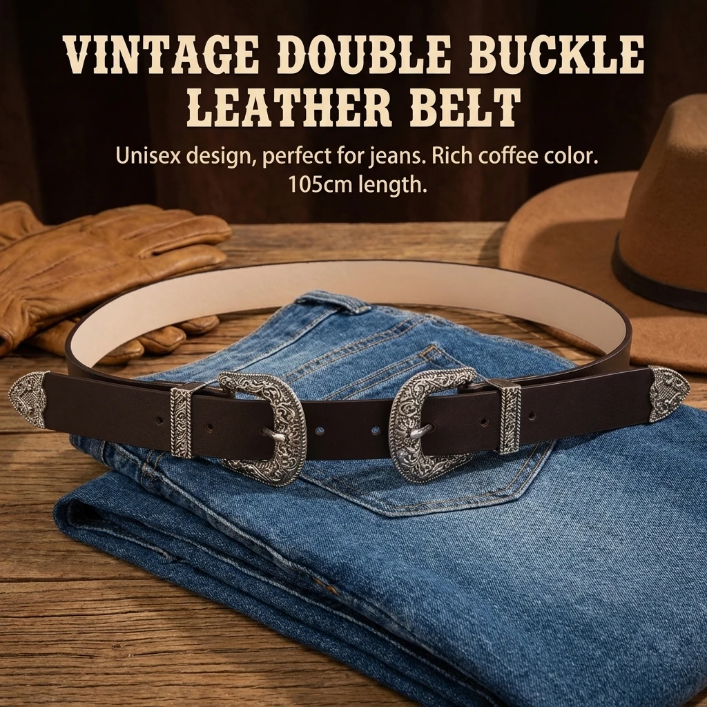 Unisex Embossed Buckle Belt Retro Double Buckle Design Versatile Jeans Belt For Men And Women Durable Leather Adjustable Length