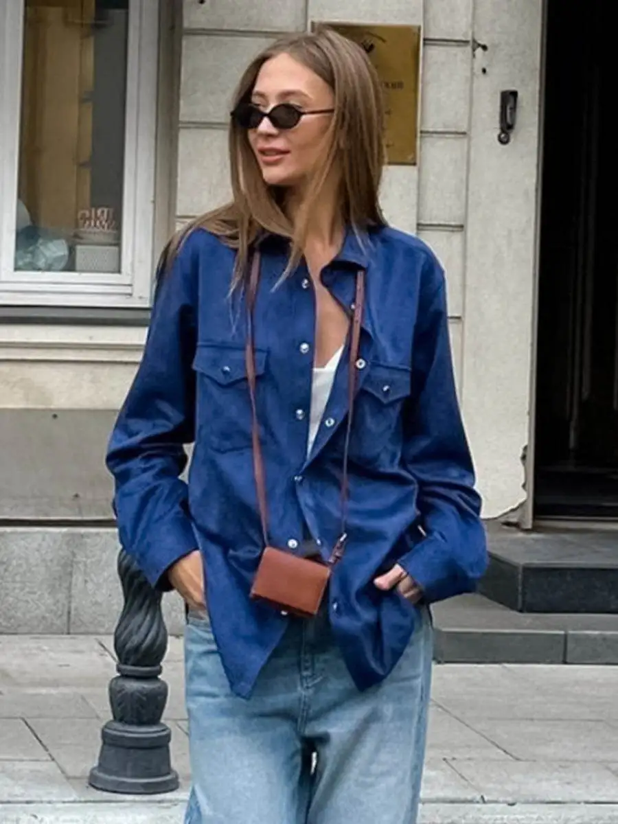 Vintage Klein Blue Collar Jacket 2025 Autumn/Winter Versatile Casual Loose Medium to Long Coat European and American Women Wear