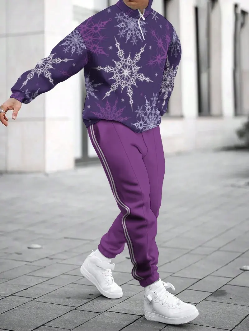 

Men's 2025 Christmas Casual Two-Piece Sportswear Set – Half-Zip Collared Design, Multiple Exquisite Snowflake Patterns, Soft Fa
