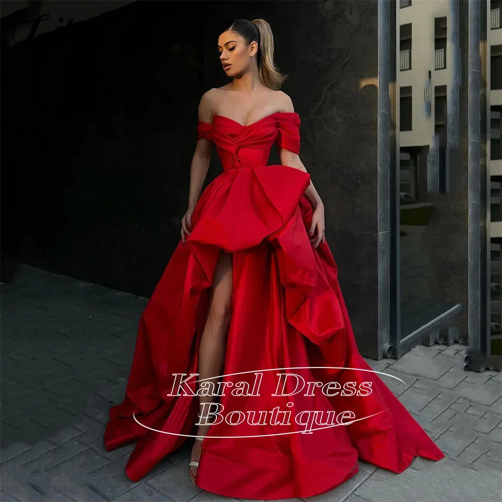 

Красное вечернее платье трапециевидной формы с открытыми плечами по индивидуальному заказу со складками и скользящим шлейфом, без рукавов, официальное платьеفساتين БОЛ продаж