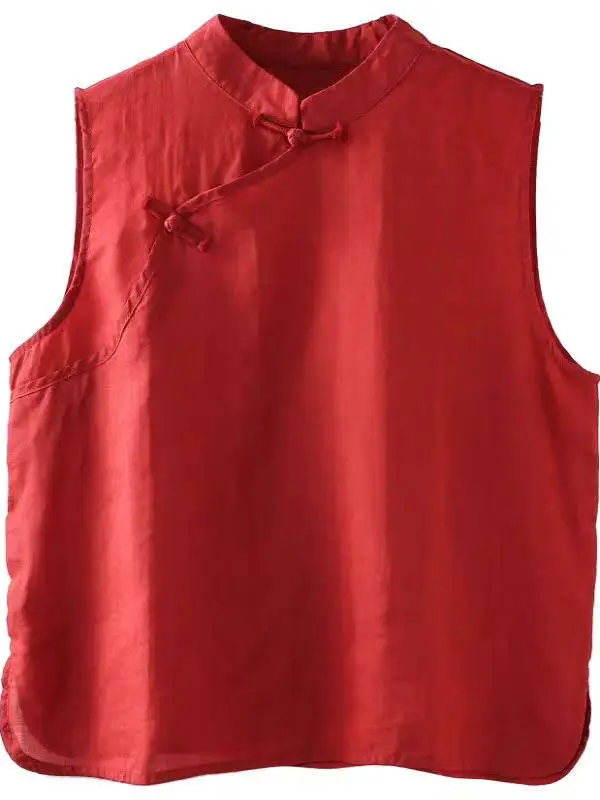 レトロ芸術的な襟付きサイドボタンノースリーブ女性のベスト夏無地オーバーヘッド唐スーツ痩身トップ