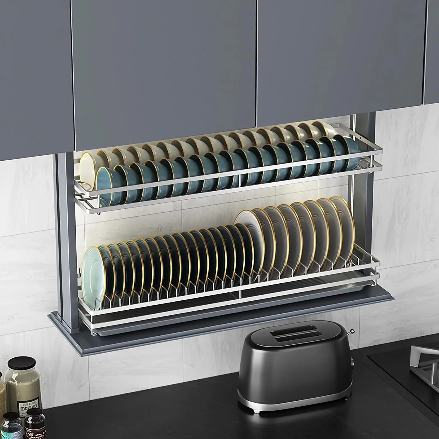 

Touch Switch Electric Kitchen Rack Smart Dish Rack Electric Pull Down Cupboard Organizer Dish Storage Rack