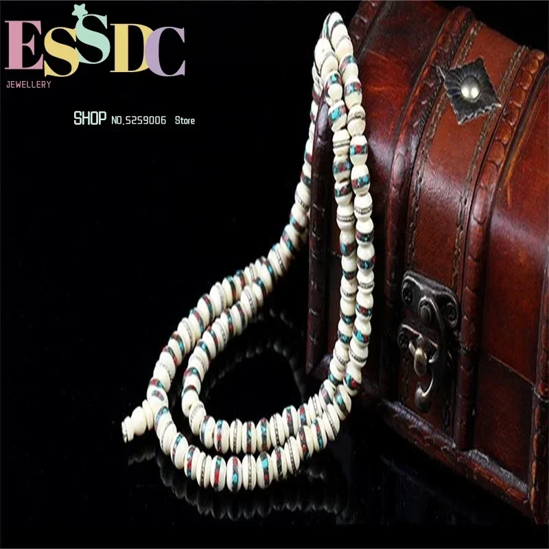 Nepal 108 Fidelity Cow Bone Inlaid Copper Coral Turquoise Tibetan Buddhist Bead Bracelet DIY Accessories