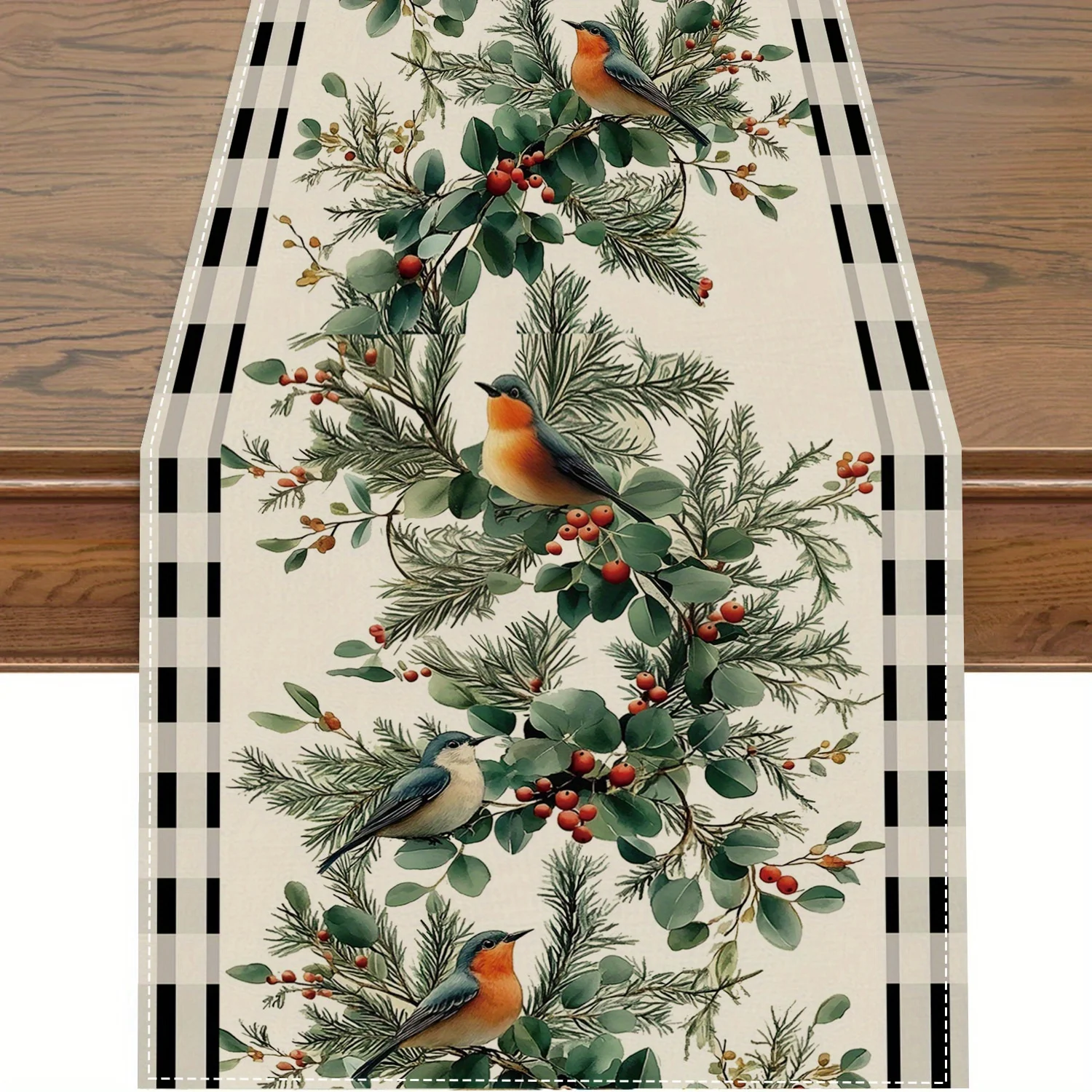 1pc Festive Christmas Table Runner With Green Leaves & Birds Design Polyester Fabric, Holiday Table Top Decoration For Home Deco