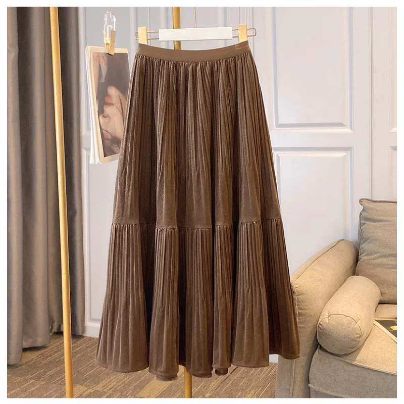 

Осенне-зимняя одежда Бархатная плиссированная юбка с высокой талией и драпировкой, большой подол, эластичная талия, юбка средней длины