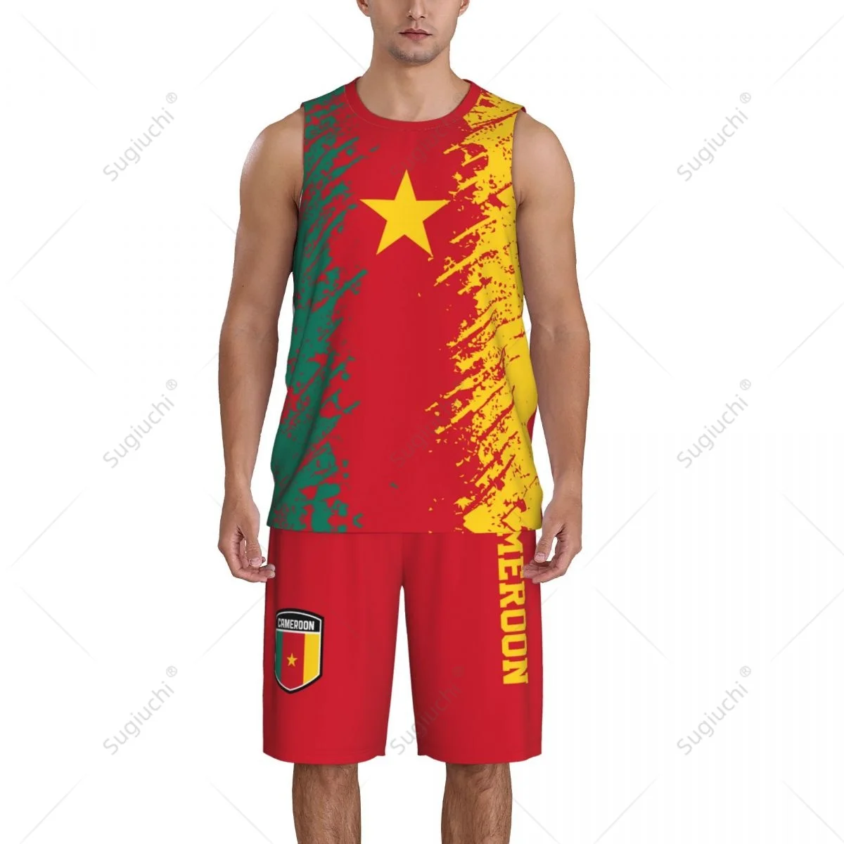 Team-up Cameroon Flag Grain Men Basketball Jersey Set Shirt & Pants Sleeveless Custom Name Nunber Exclusive